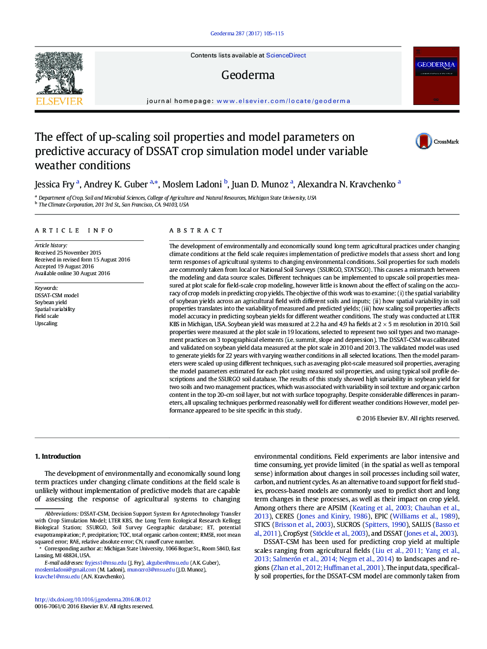 The effect of up-scaling soil properties and model parameters on predictive accuracy of DSSAT crop simulation model under variable weather conditions