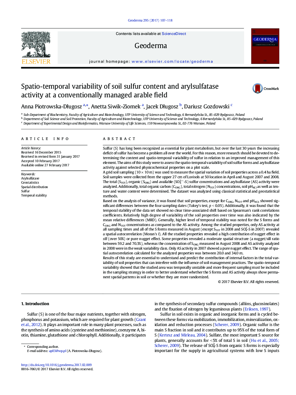 Spatio-temporal variability of soil sulfur content and arylsulfatase activity at a conventionally managed arable field