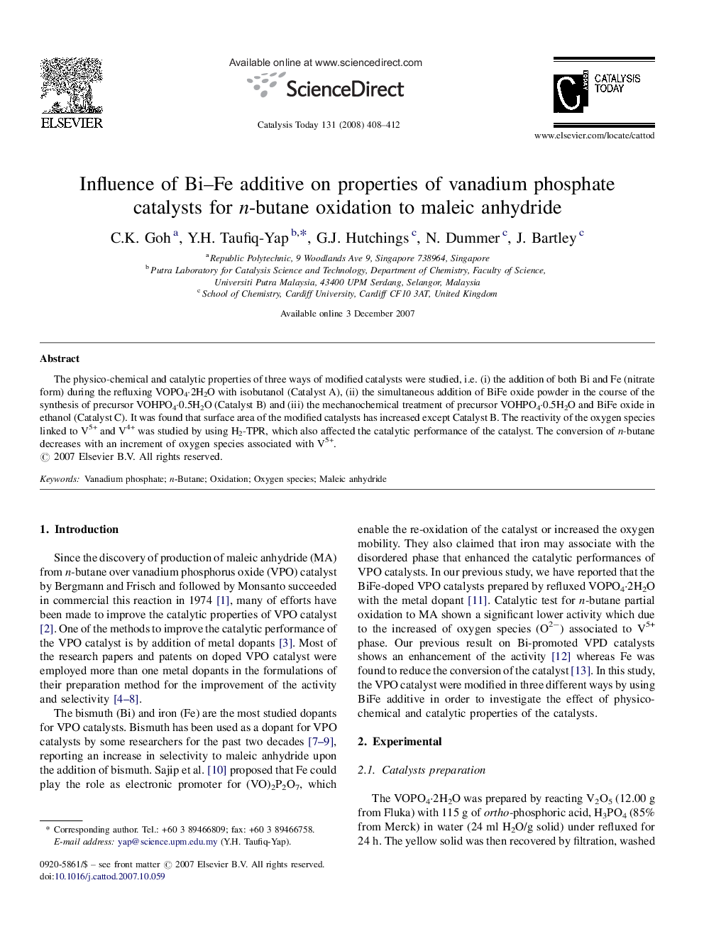 Influence of Bi–Fe additive on properties of vanadium phosphate catalysts for n-butane oxidation to maleic anhydride