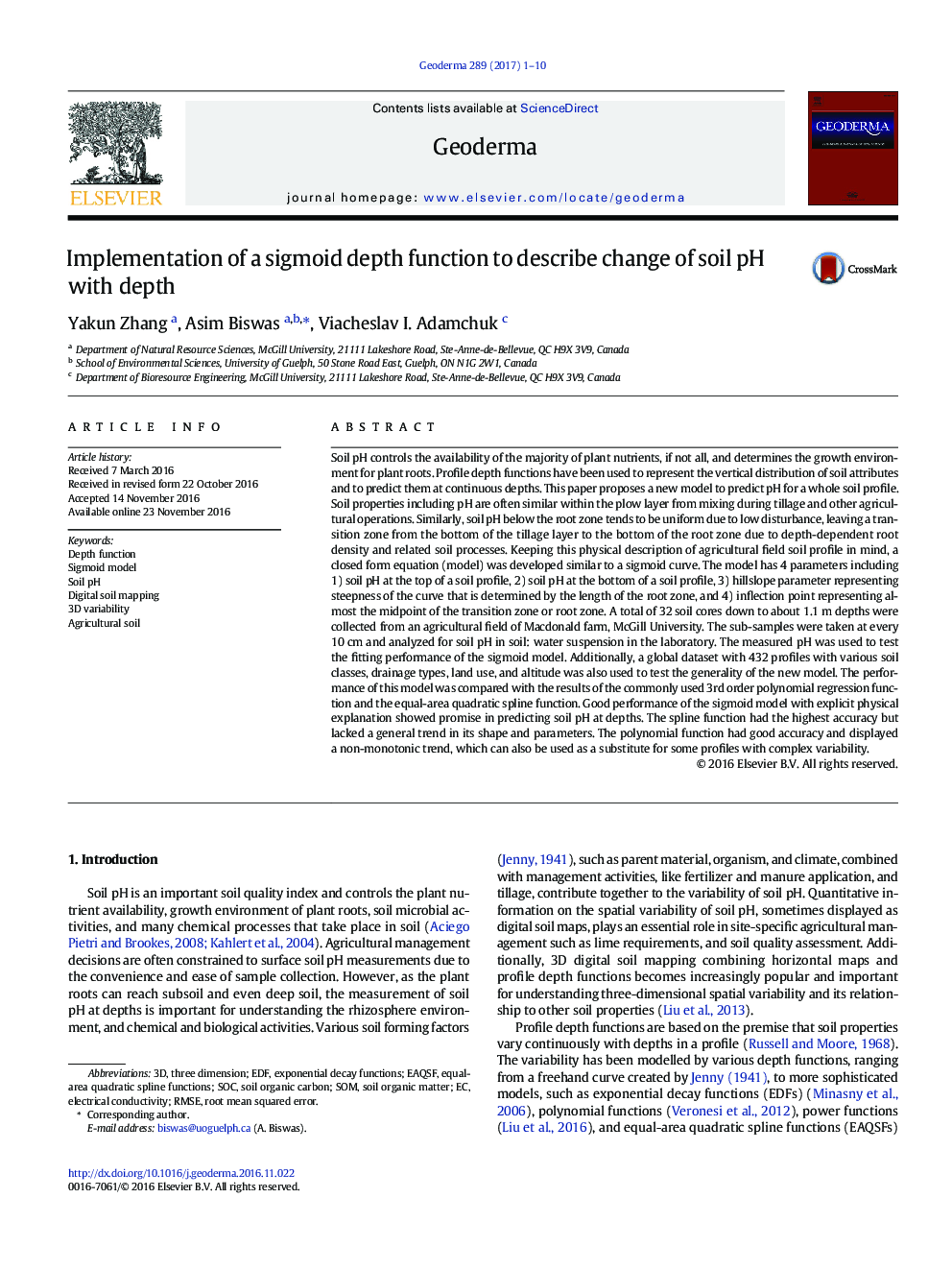 Implementation of a sigmoid depth function to describe change of soil pH with depth