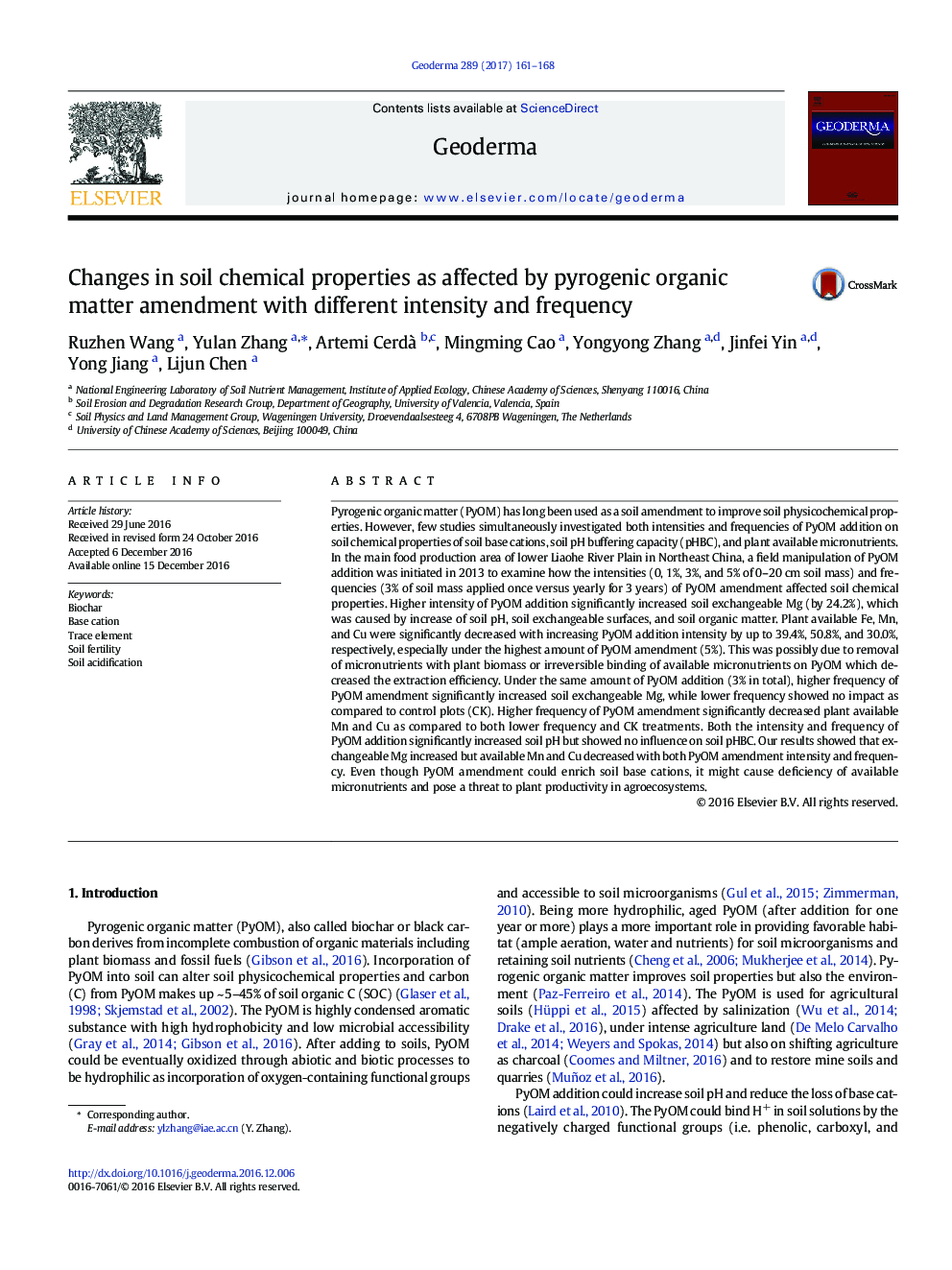 Changes in soil chemical properties as affected by pyrogenic organic matter amendment with different intensity and frequency