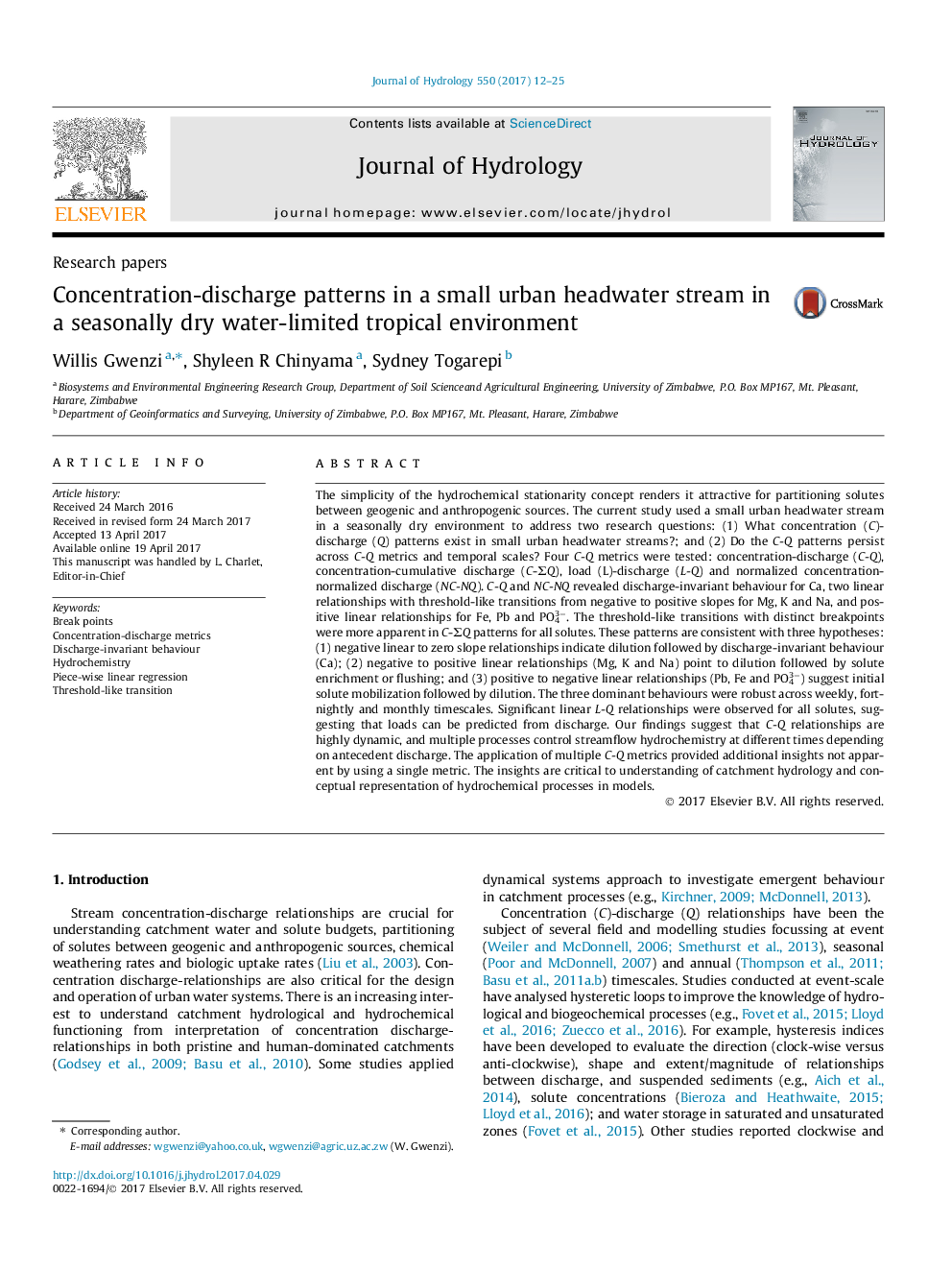 Research papersConcentration-discharge patterns in a small urban headwater stream in a seasonally dry water-limited tropical environment