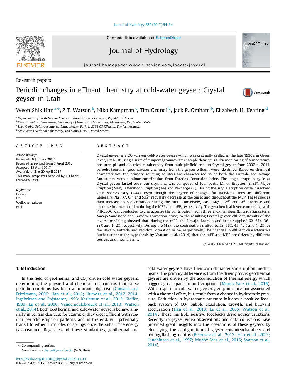 Research papersPeriodic changes in effluent chemistry at cold-water geyser: Crystal geyser in Utah