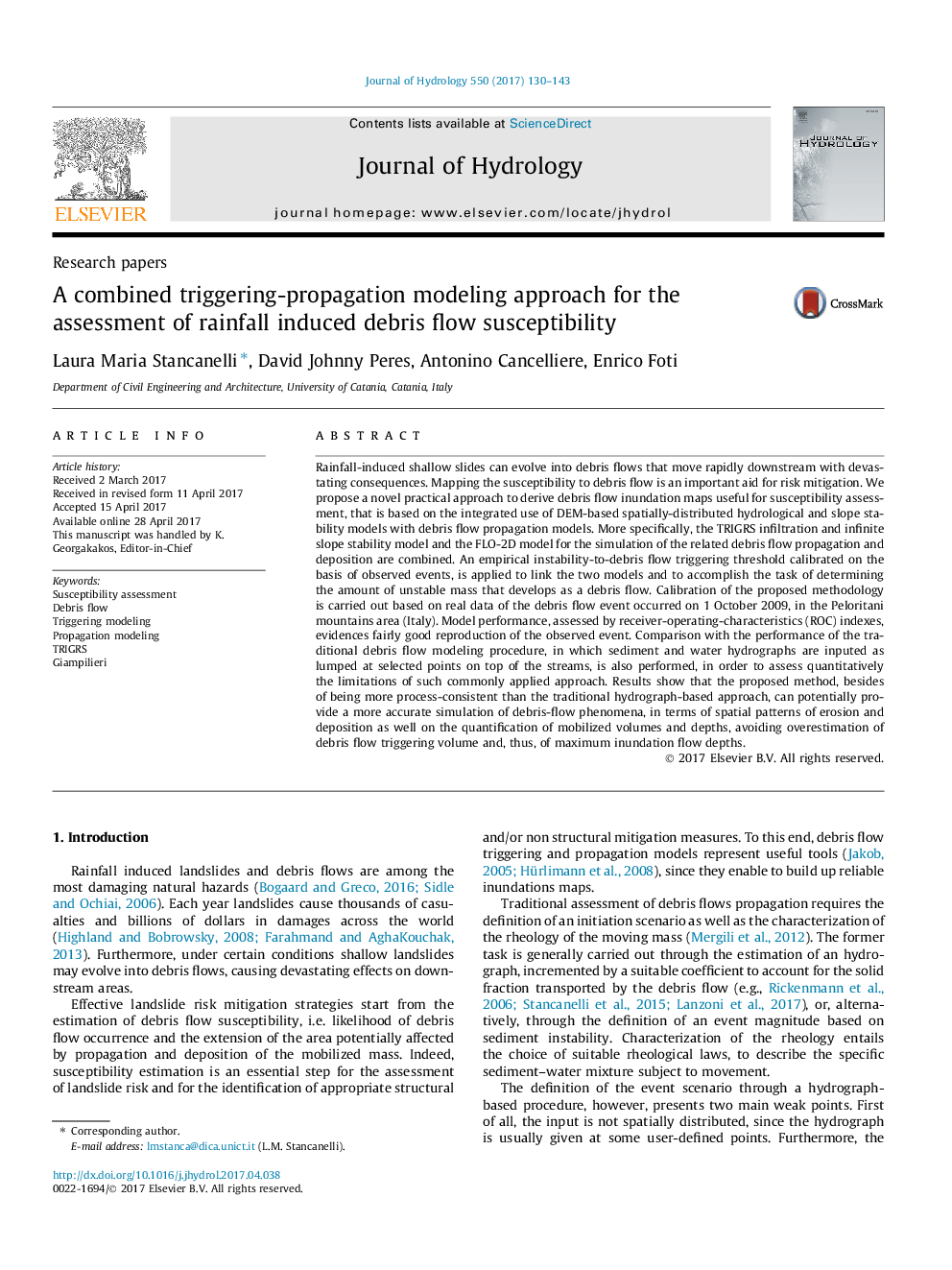 Research papersA combined triggering-propagation modeling approach for the assessment of rainfall induced debris flow susceptibility