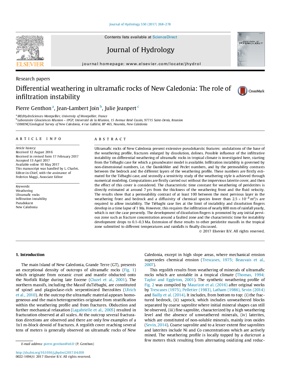 Research papersDifferential weathering in ultramafic rocks of New Caledonia: The role of infiltration instability