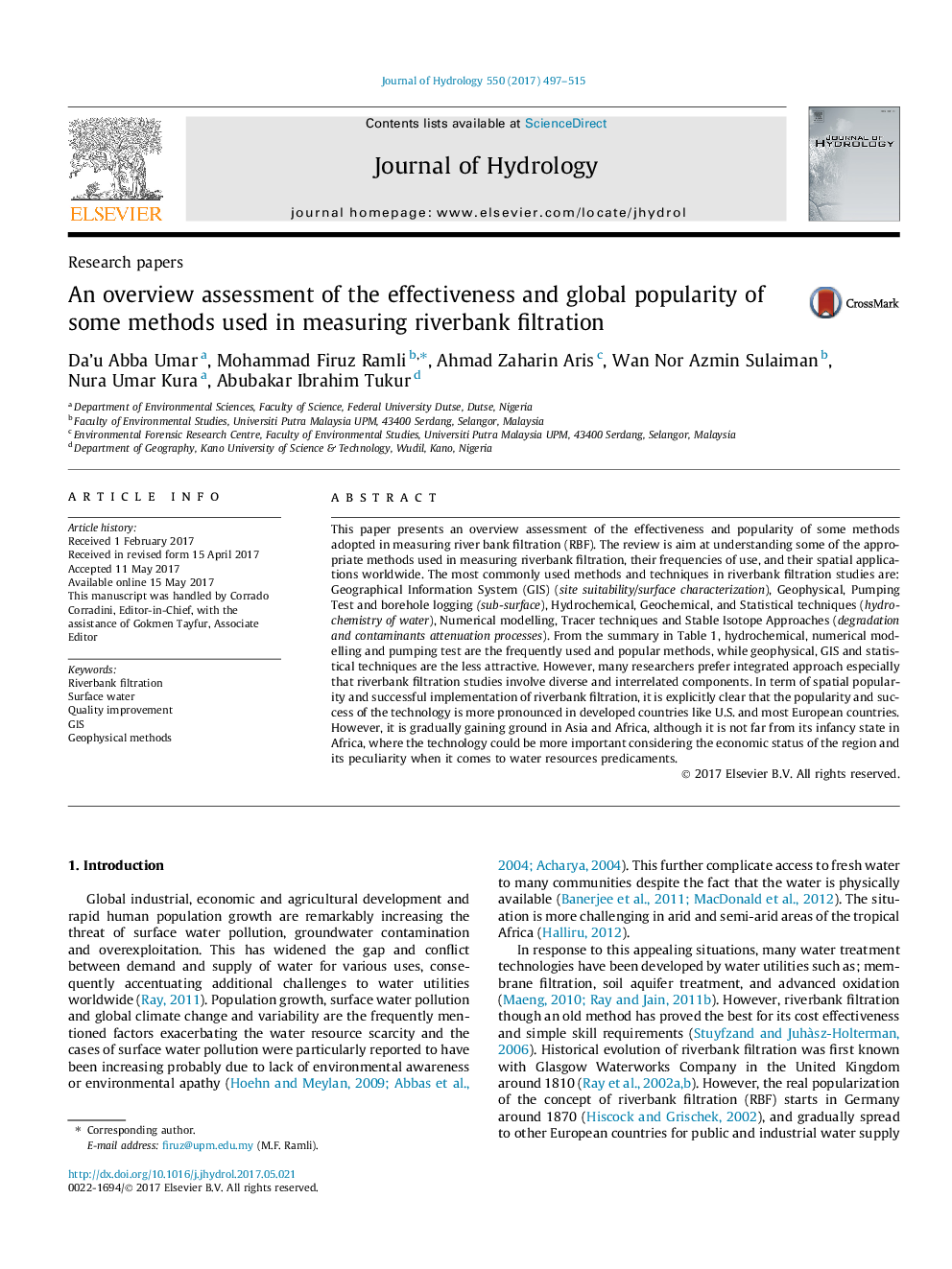 An overview assessment of the effectiveness and global popularity of some methods used in measuring riverbank filtration