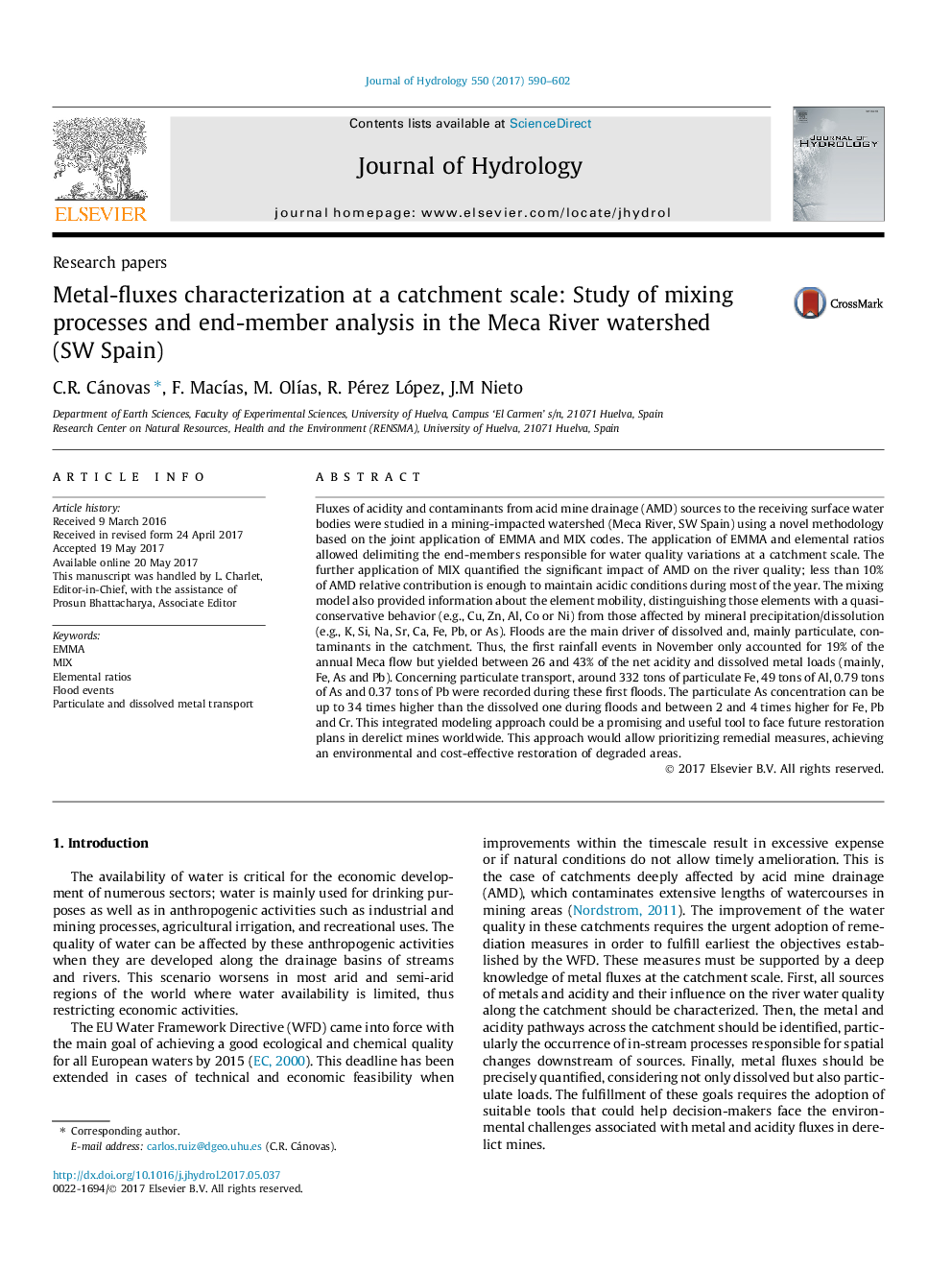 Research papersMetal-fluxes characterization at a catchment scale: Study of mixing processes and end-member analysis in the Meca River watershed (SW Spain)