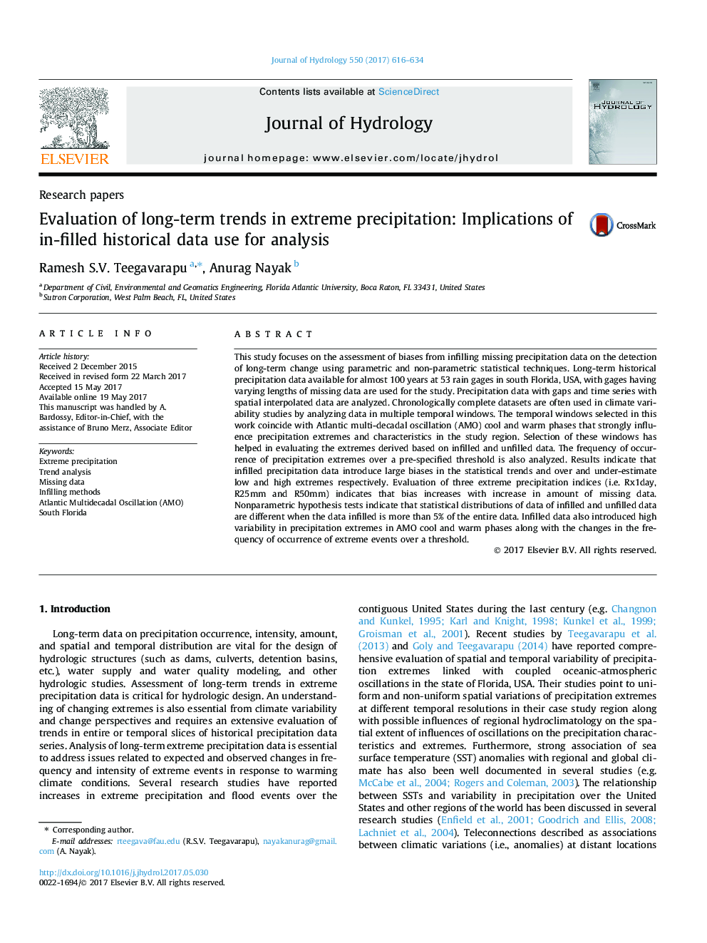 Research papersEvaluation of long-term trends in extreme precipitation: Implications of in-filled historical data use for analysis