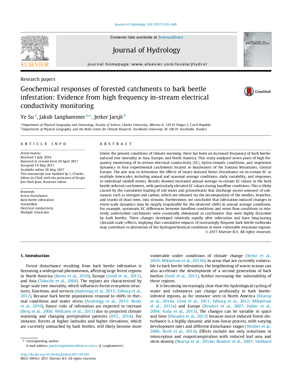 Research papersGeochemical responses of forested catchments to bark beetle infestation: Evidence from high frequency in-stream electrical conductivity monitoring