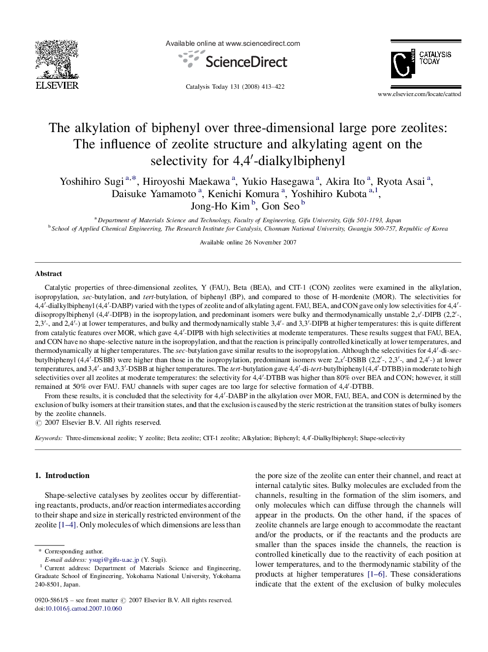 The alkylation of biphenyl over three-dimensional large pore zeolites: The influence of zeolite structure and alkylating agent on the selectivity for 4,4′-dialkylbiphenyl