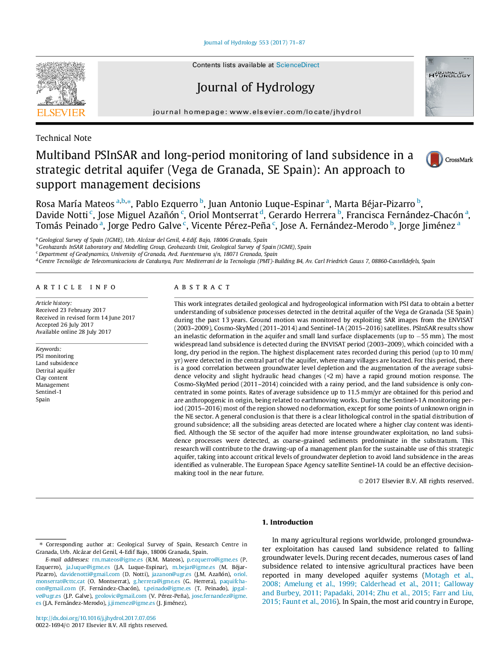 Technical NoteMultiband PSInSAR and long-period monitoring of land subsidence in a strategic detrital aquifer (Vega de Granada, SE Spain): An approach to support management decisions