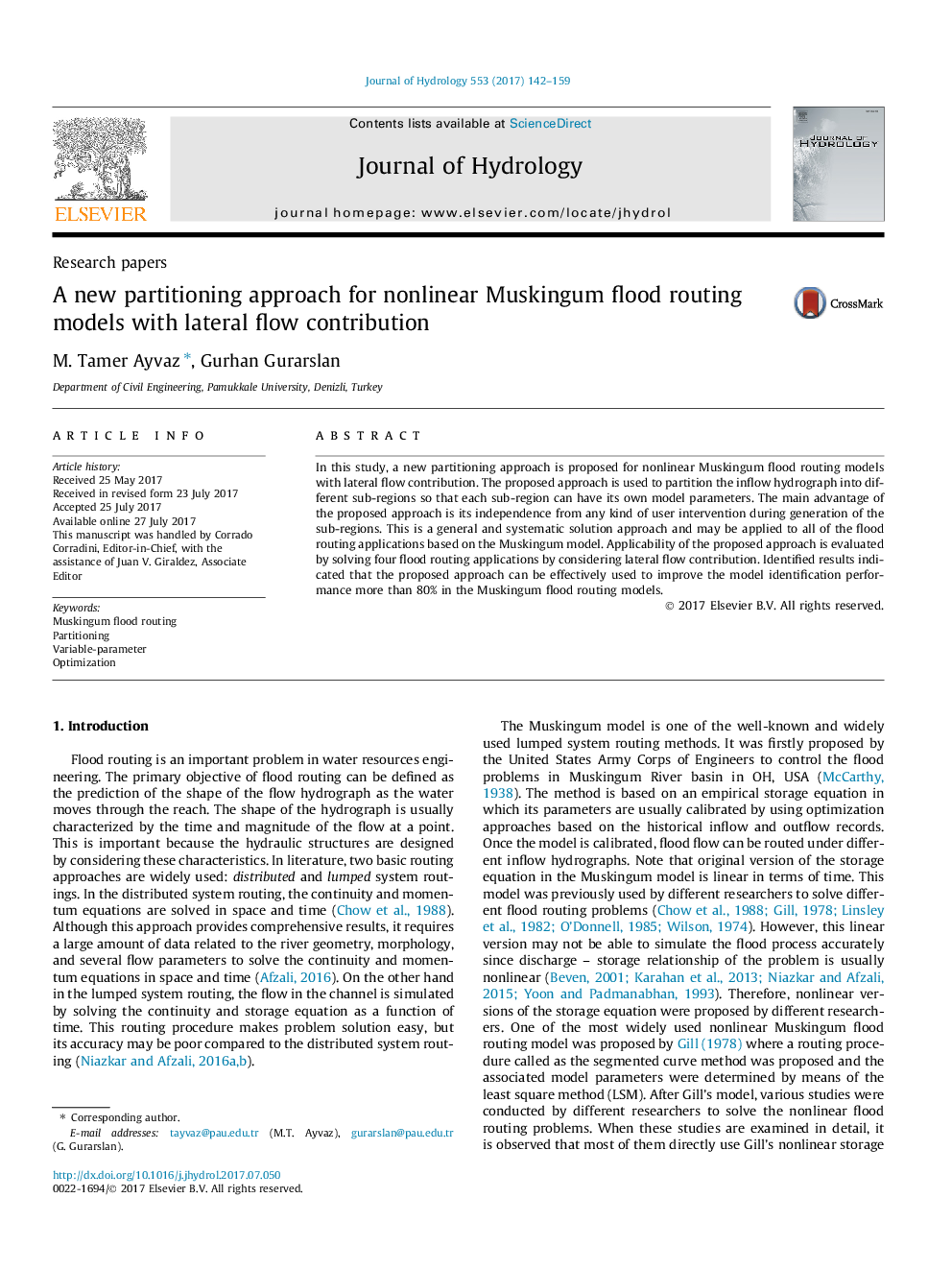 Research papersA new partitioning approach for nonlinear Muskingum flood routing models with lateral flow contribution