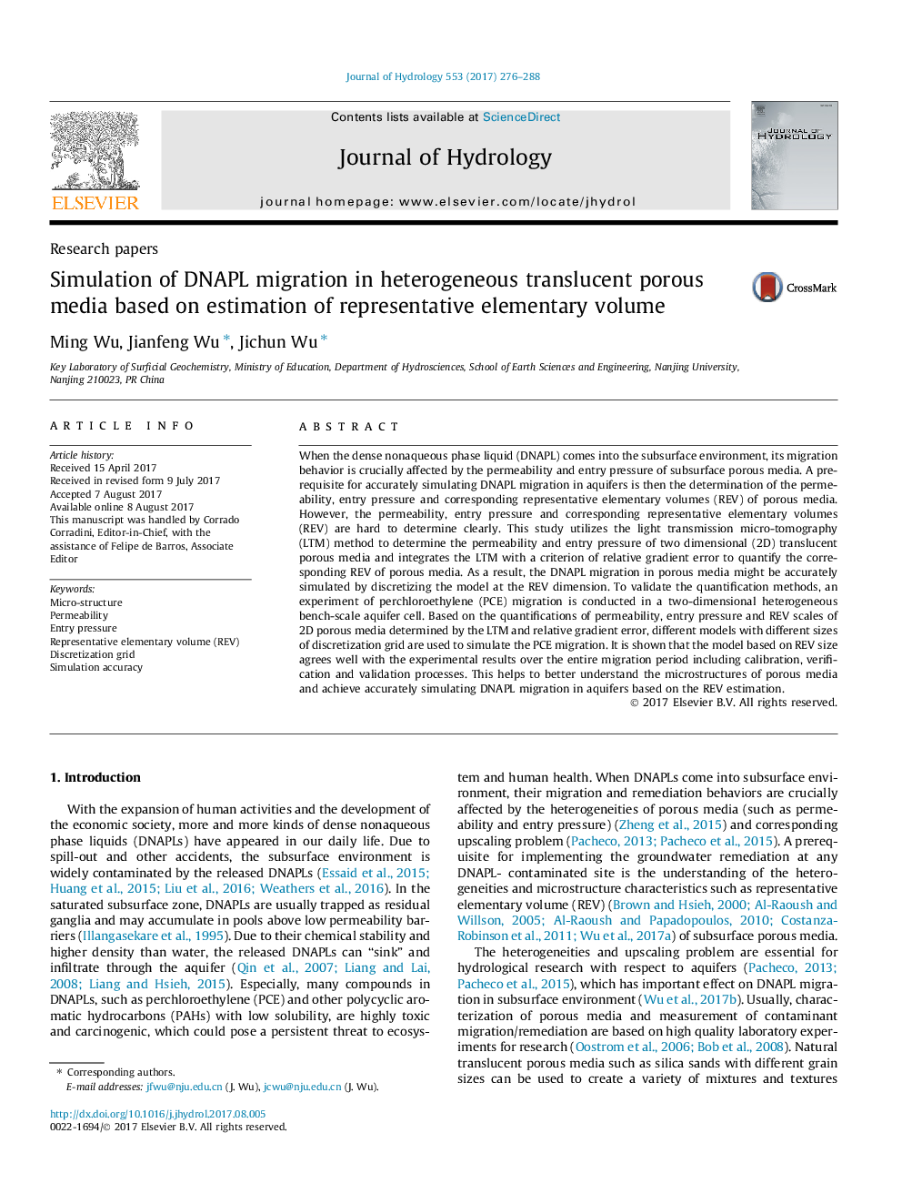 Research papersSimulation of DNAPL migration in heterogeneous translucent porous media based on estimation of representative elementary volume