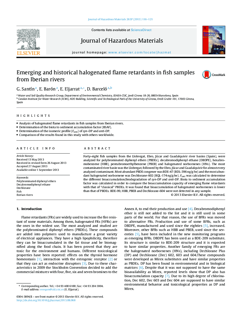 Emerging and historical halogenated flame retardants in fish samples from Iberian rivers