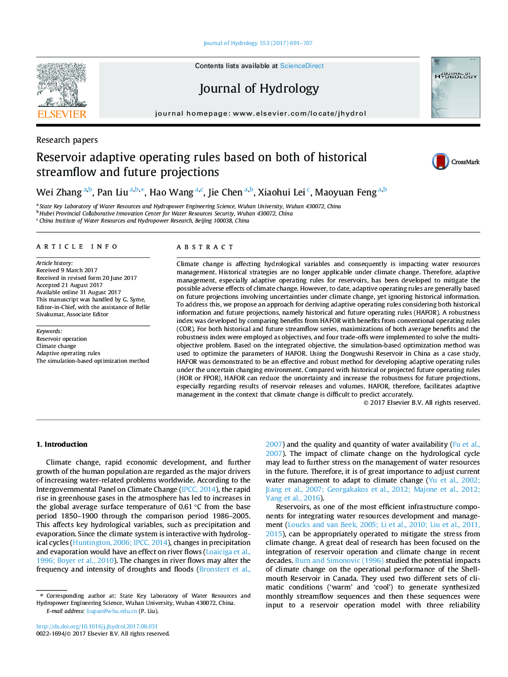 Research papersReservoir adaptive operating rules based on both of historical streamflow and future projections