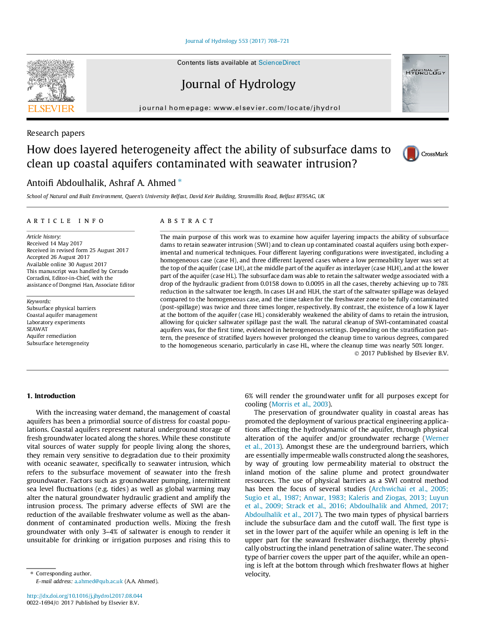 Research papersHow does layered heterogeneity affect the ability of subsurface dams to clean up coastal aquifers contaminated with seawater intrusion?