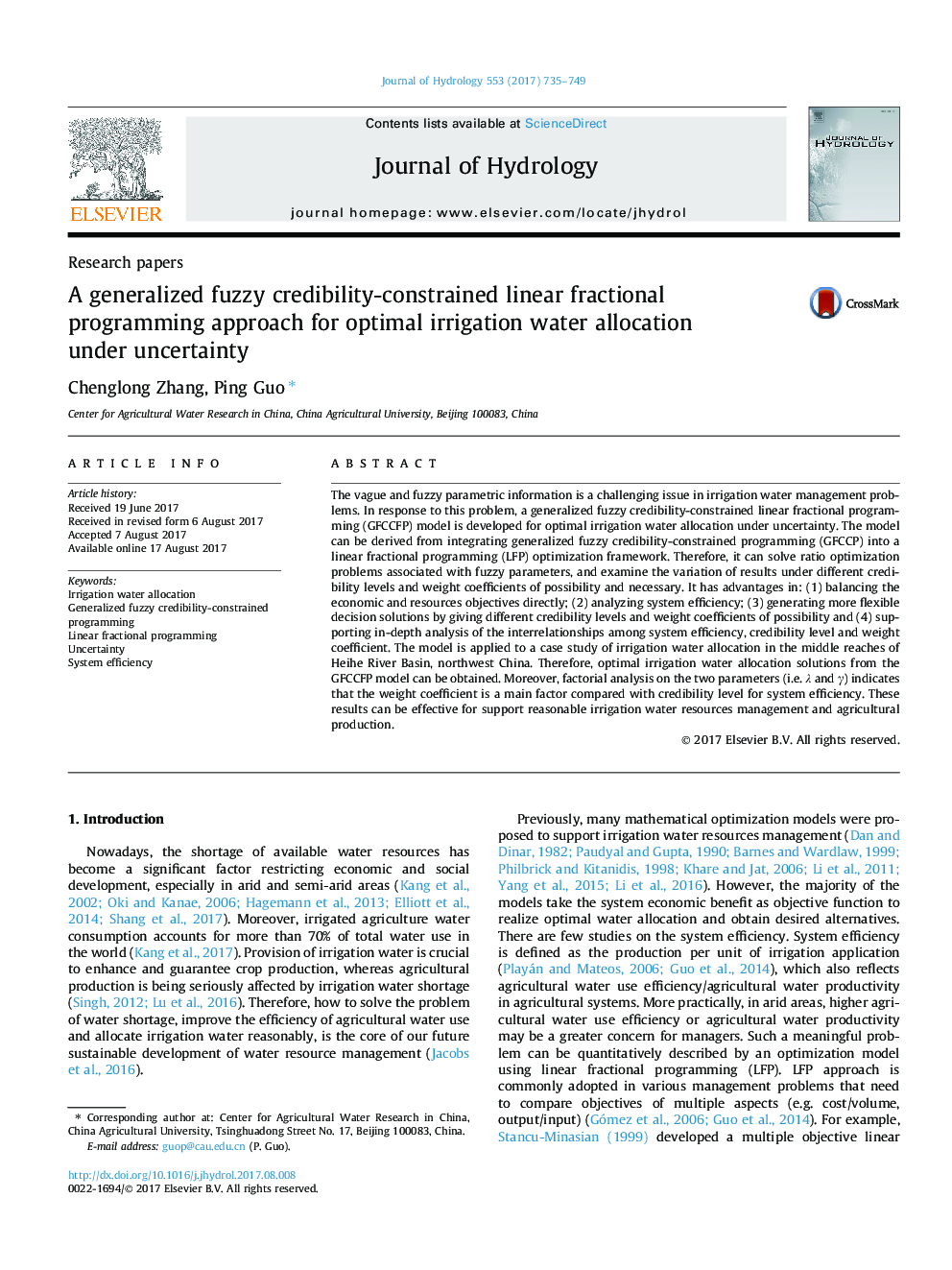 Research papersA generalized fuzzy credibility-constrained linear fractional programming approach for optimal irrigation water allocation under uncertainty