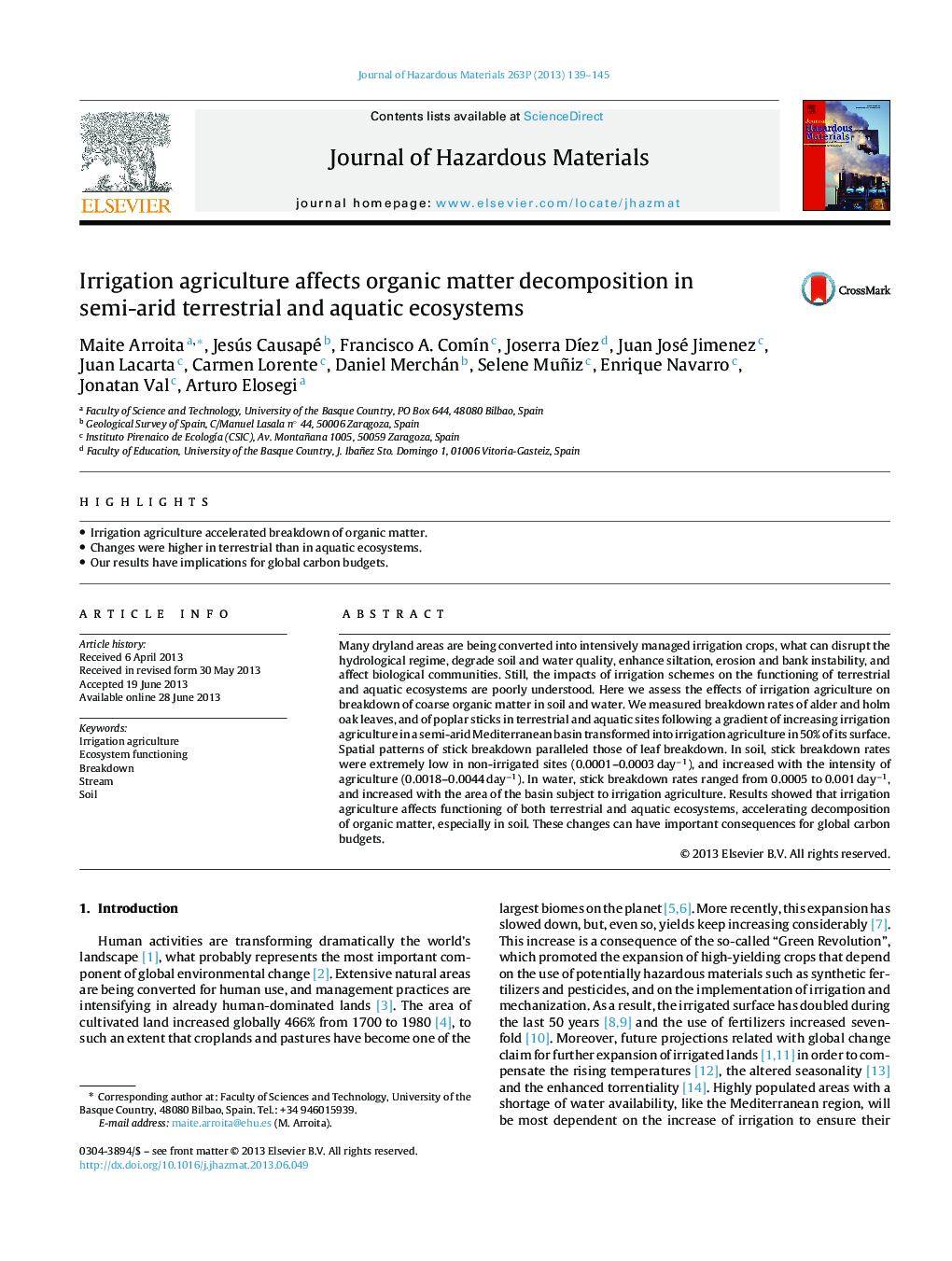 Irrigation agriculture affects organic matter decomposition in semi-arid terrestrial and aquatic ecosystems