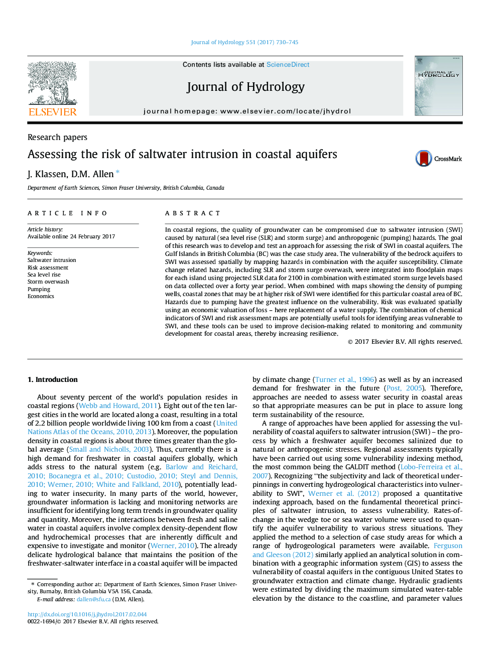 Research papersAssessing the risk of saltwater intrusion in coastal aquifers