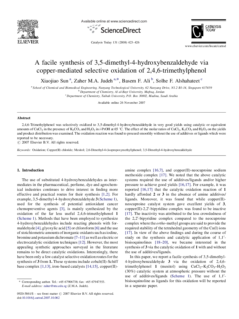 A facile synthesis of 3,5-dimethyl-4-hydroxybenzaldehyde via copper-mediated selective oxidation of 2,4,6-trimethylphenol