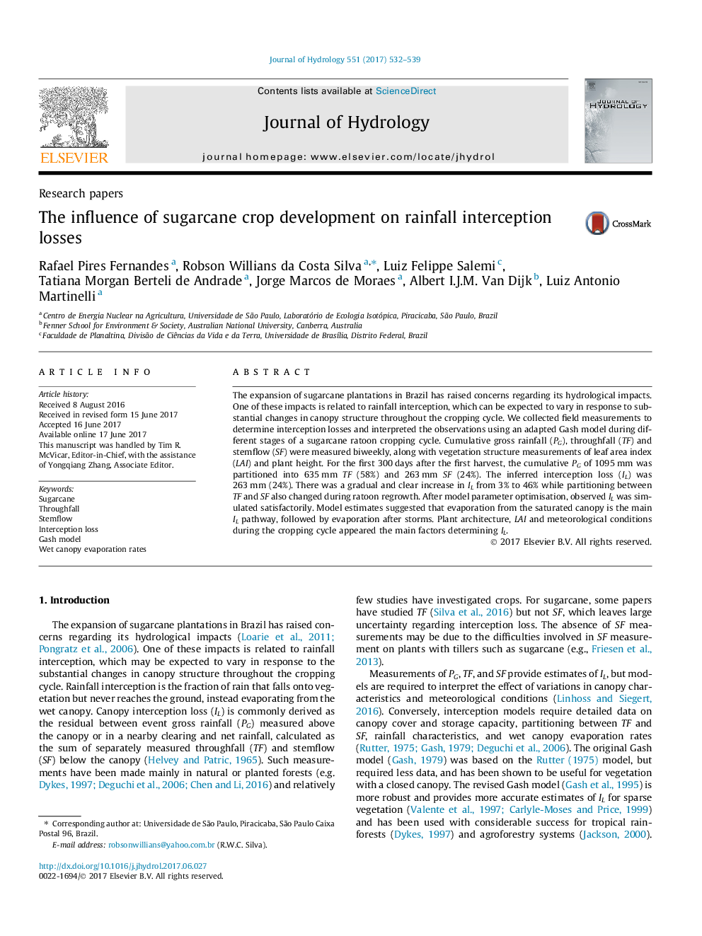 Research papersThe influence of sugarcane crop development on rainfall interception losses