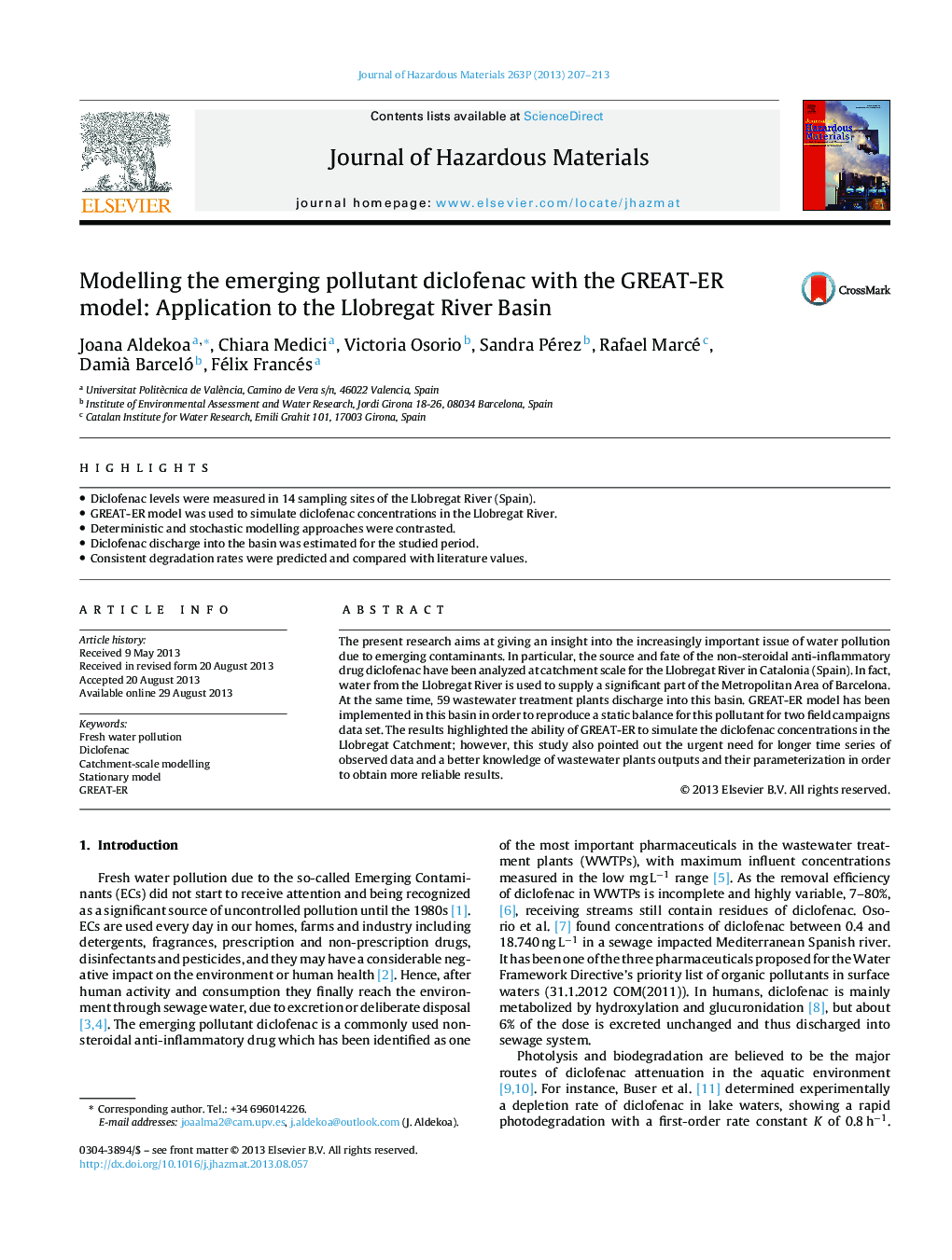 Modelling the emerging pollutant diclofenac with the GREAT-ER model: Application to the Llobregat River Basin