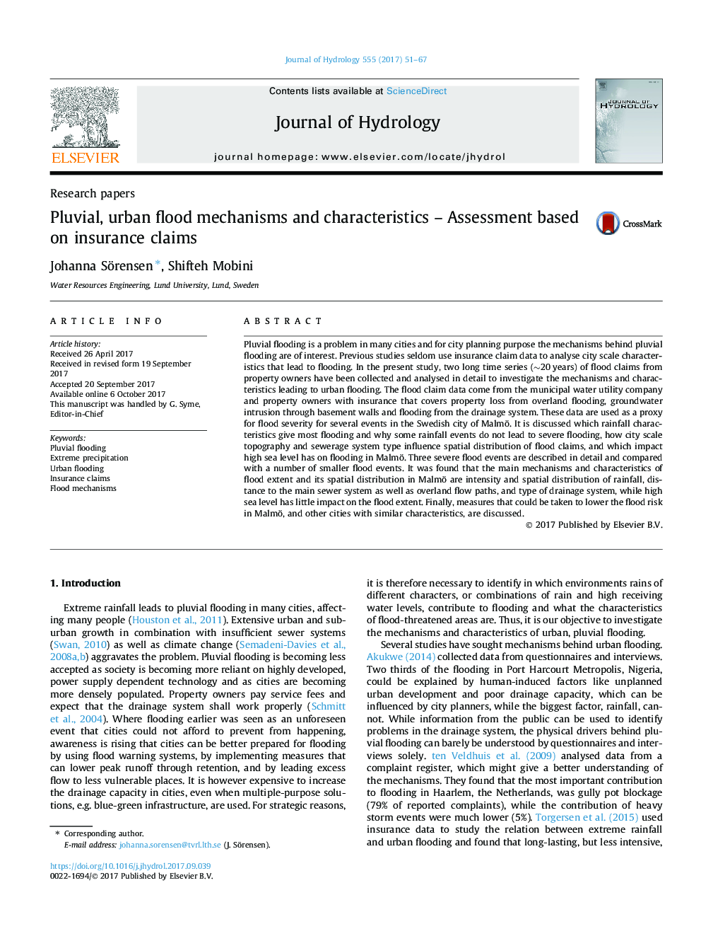 Research papersPluvial, urban flood mechanisms and characteristics - Assessment based on insurance claims