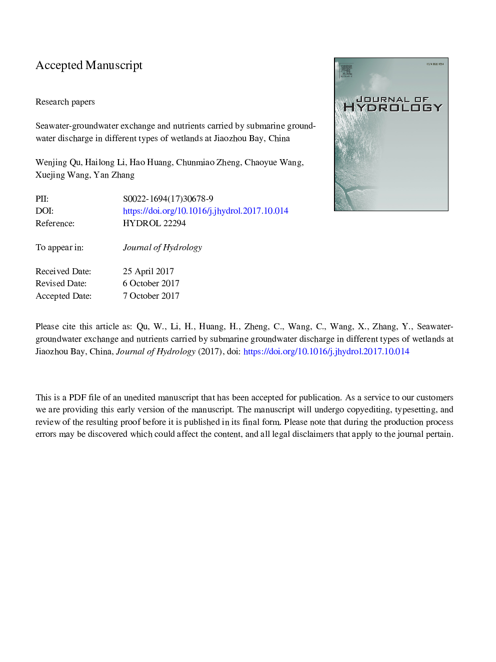 Seawater-groundwater exchange and nutrients carried by submarine groundwater discharge in different types of wetlands at Jiaozhou Bay, China