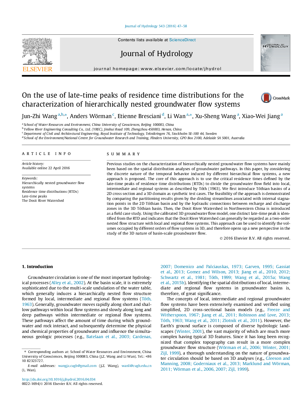 On the use of late-time peaks of residence time distributions for the characterization of hierarchically nested groundwater flow systems