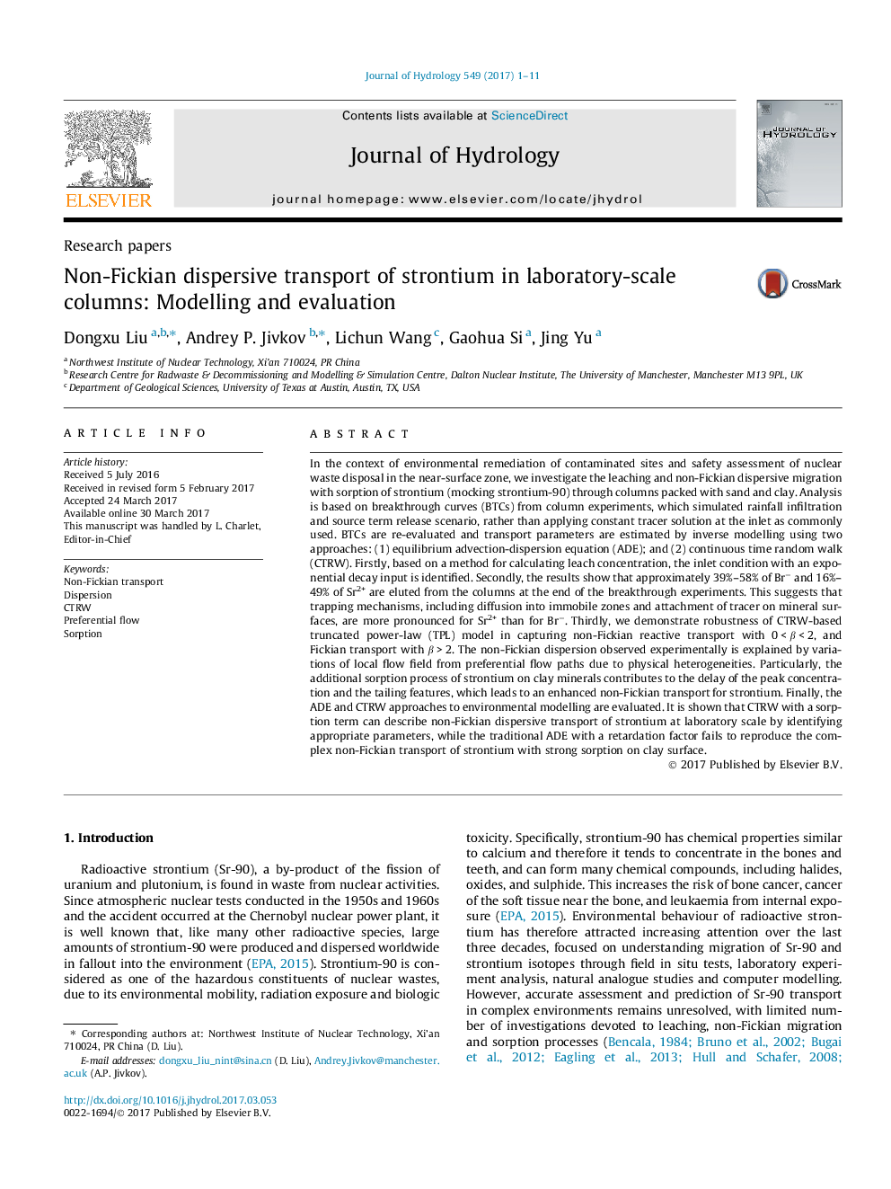 Research papersNon-Fickian dispersive transport of strontium in laboratory-scale columns: Modelling and evaluation