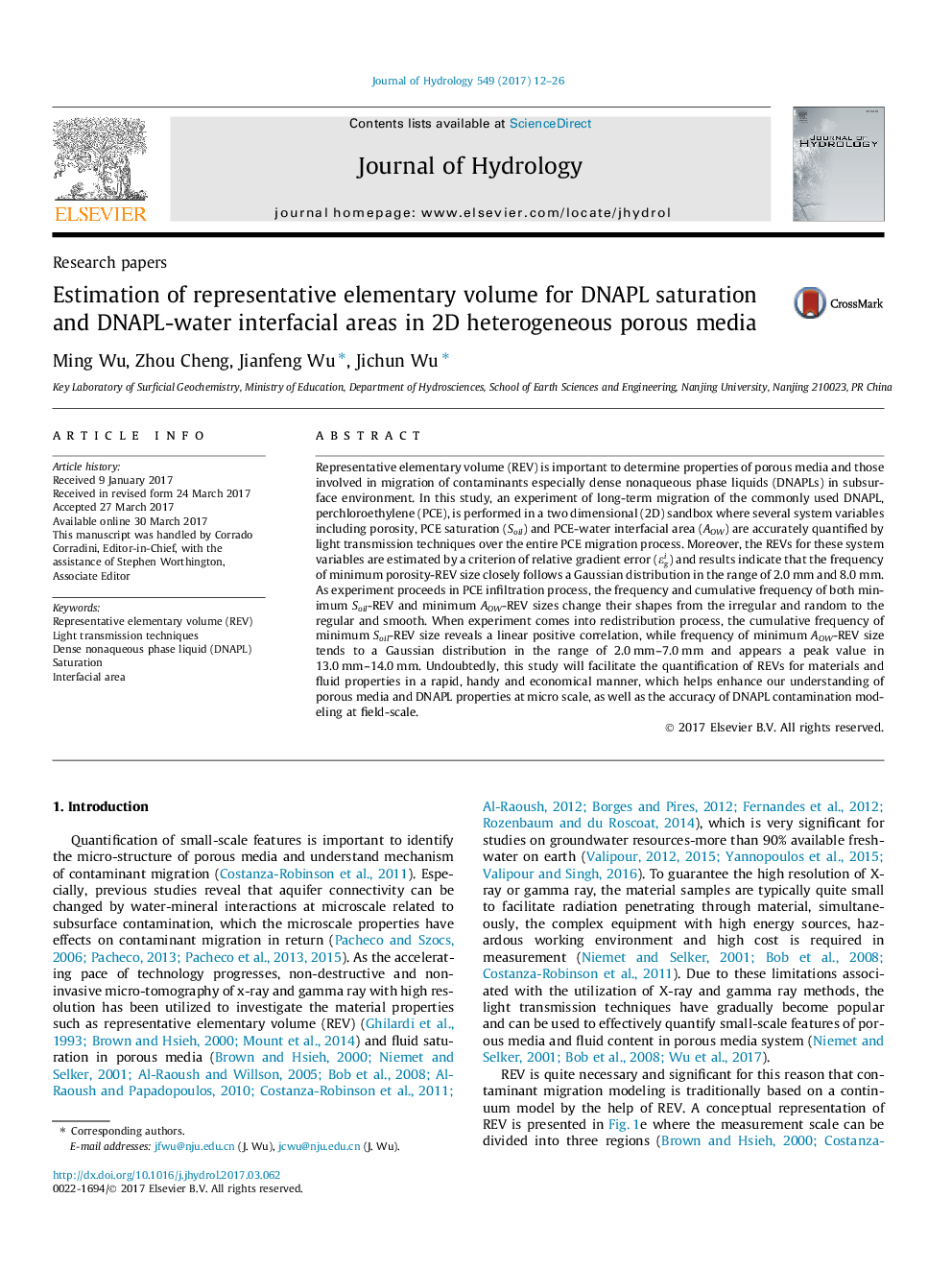 Research papersEstimation of representative elementary volume for DNAPL saturation and DNAPL-water interfacial areas in 2D heterogeneous porous media