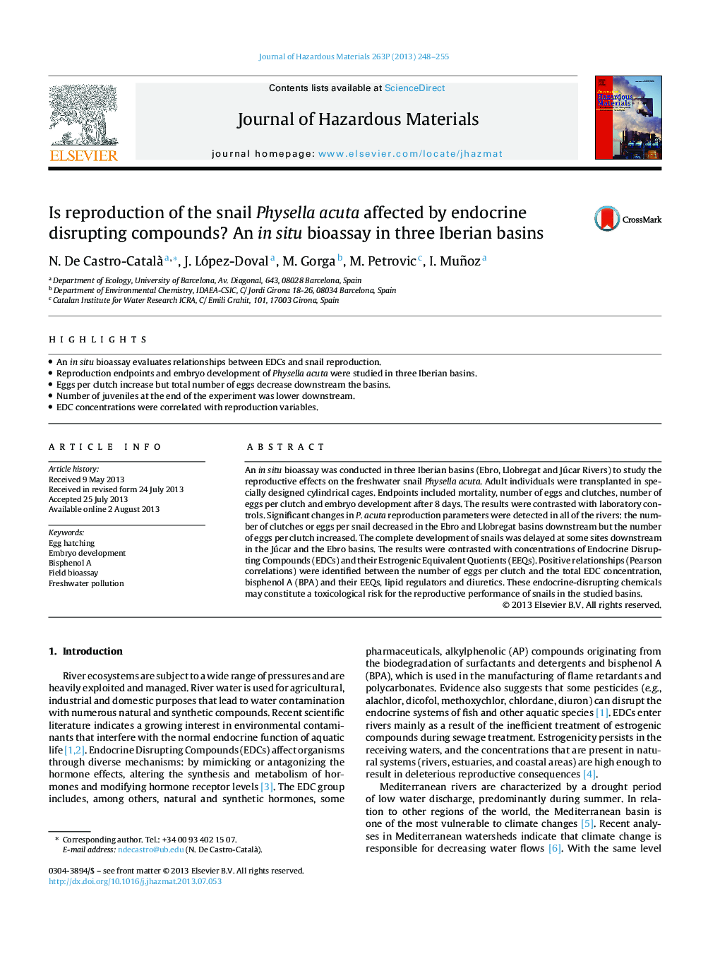 Is reproduction of the snail Physella acuta affected by endocrine disrupting compounds? An in situ bioassay in three Iberian basins