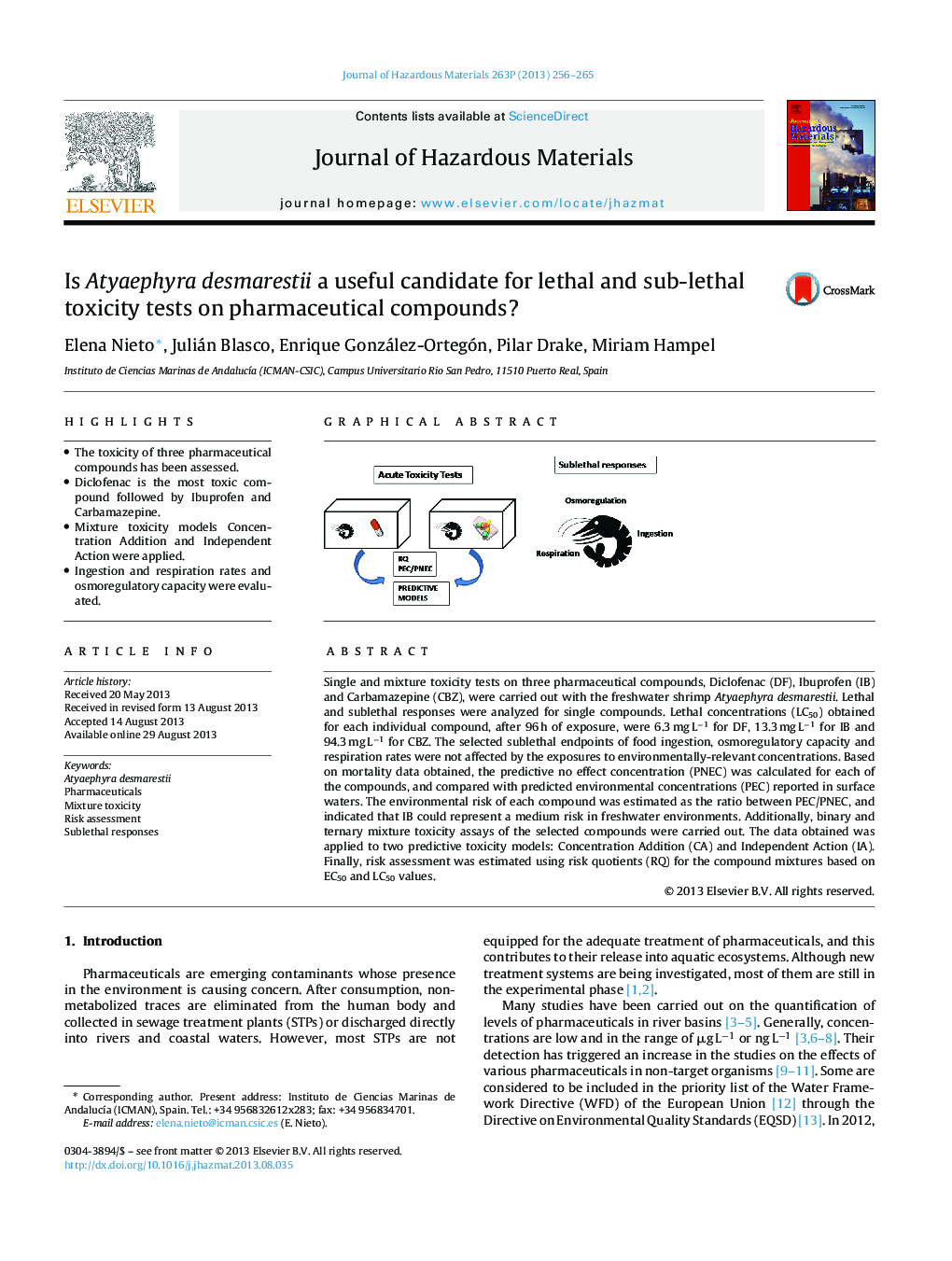 Is Atyaephyra desmarestii a useful candidate for lethal and sub-lethal toxicity tests on pharmaceutical compounds?