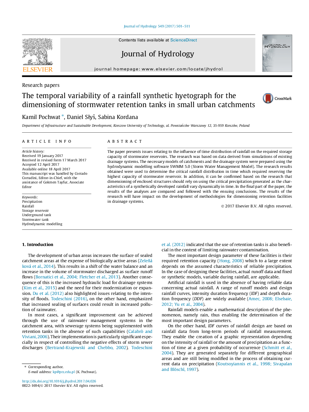 Research papersThe temporal variability of a rainfall synthetic hyetograph for the dimensioning of stormwater retention tanks in small urban catchments