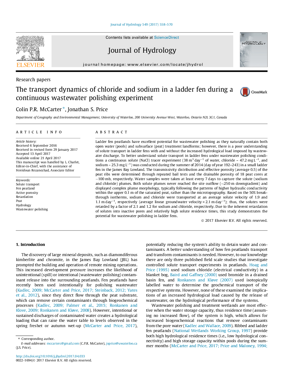 Research papersThe transport dynamics of chloride and sodium in a ladder fen during a continuous wastewater polishing experiment