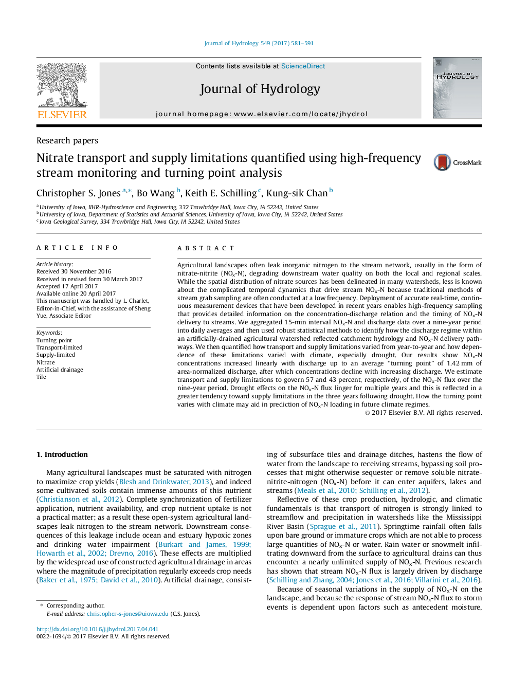 Research papersNitrate transport and supply limitations quantified using high-frequency stream monitoring and turning point analysis