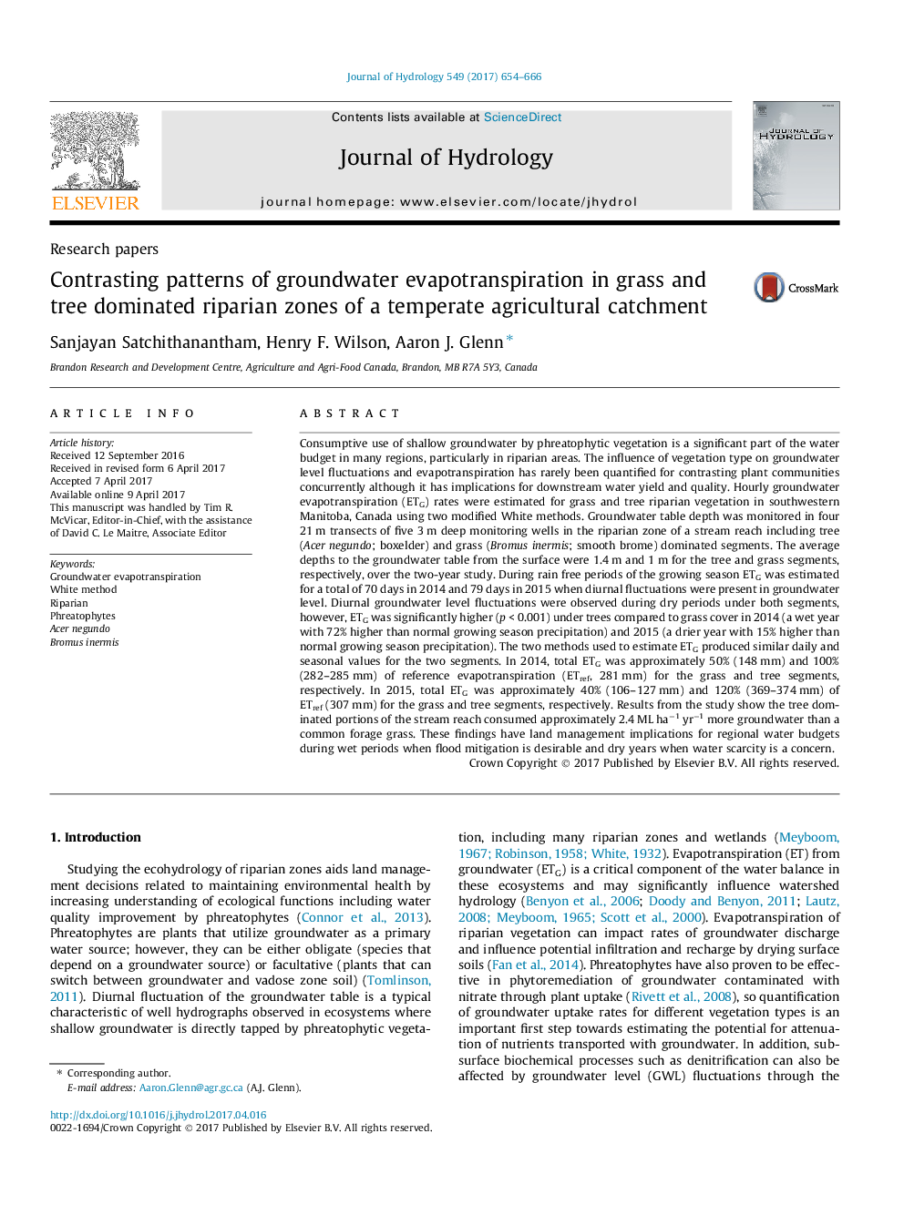 Research papersContrasting patterns of groundwater evapotranspiration in grass and tree dominated riparian zones of a temperate agricultural catchment