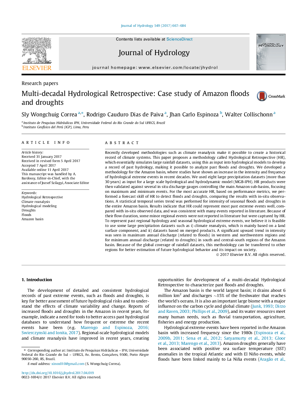 Research papersMulti-decadal Hydrological Retrospective: Case study of Amazon floods and droughts