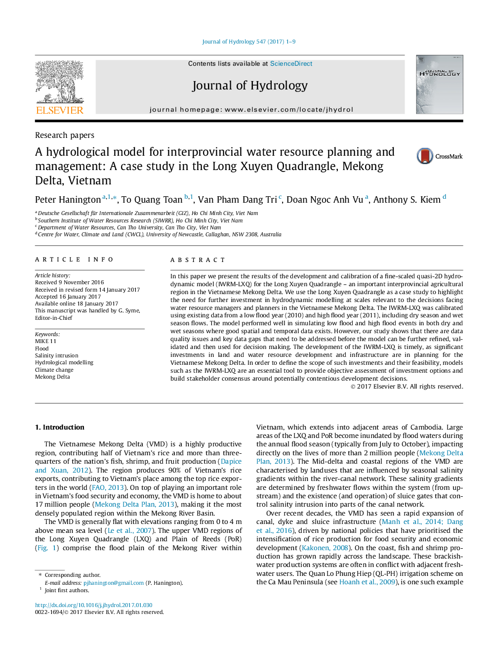 Research papersA hydrological model for interprovincial water resource planning and management: A case study in the Long Xuyen Quadrangle, Mekong Delta, Vietnam