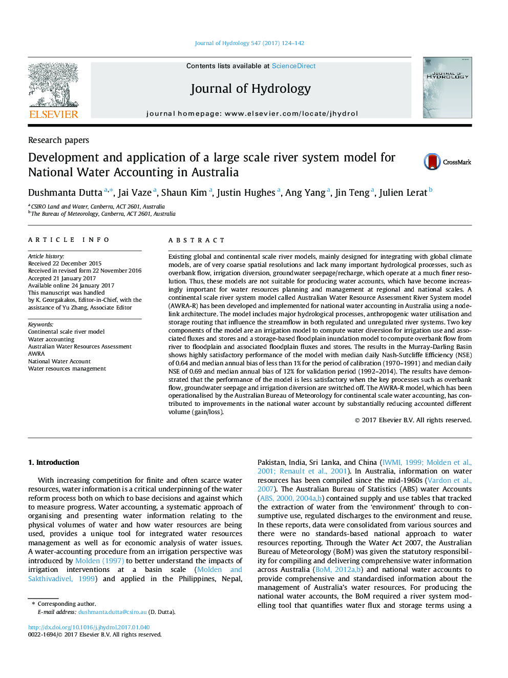 Research papersDevelopment and application of a large scale river system model for National Water Accounting in Australia