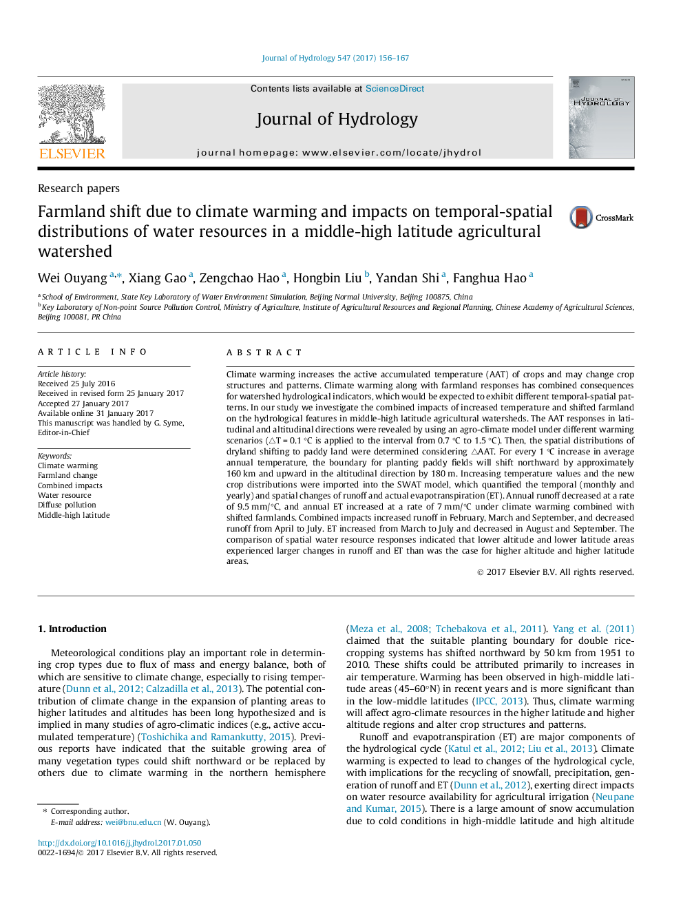 Research papersFarmland shift due to climate warming and impacts on temporal-spatial distributions of water resources in a middle-high latitude agricultural watershed