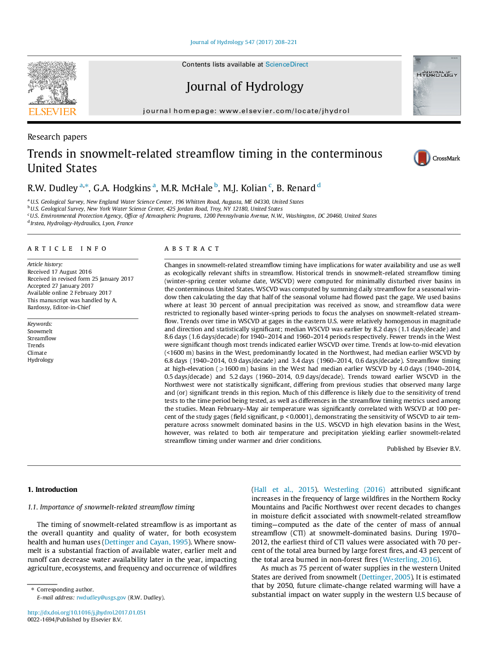 Research papersTrends in snowmelt-related streamflow timing in the conterminous United States