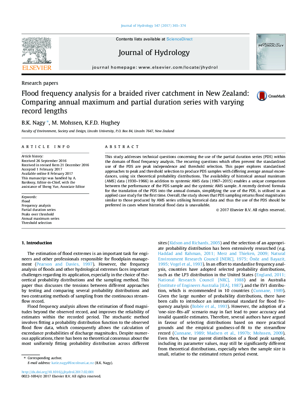 Research papersFlood frequency analysis for a braided river catchment in New Zealand: Comparing annual maximum and partial duration series with varying record lengths