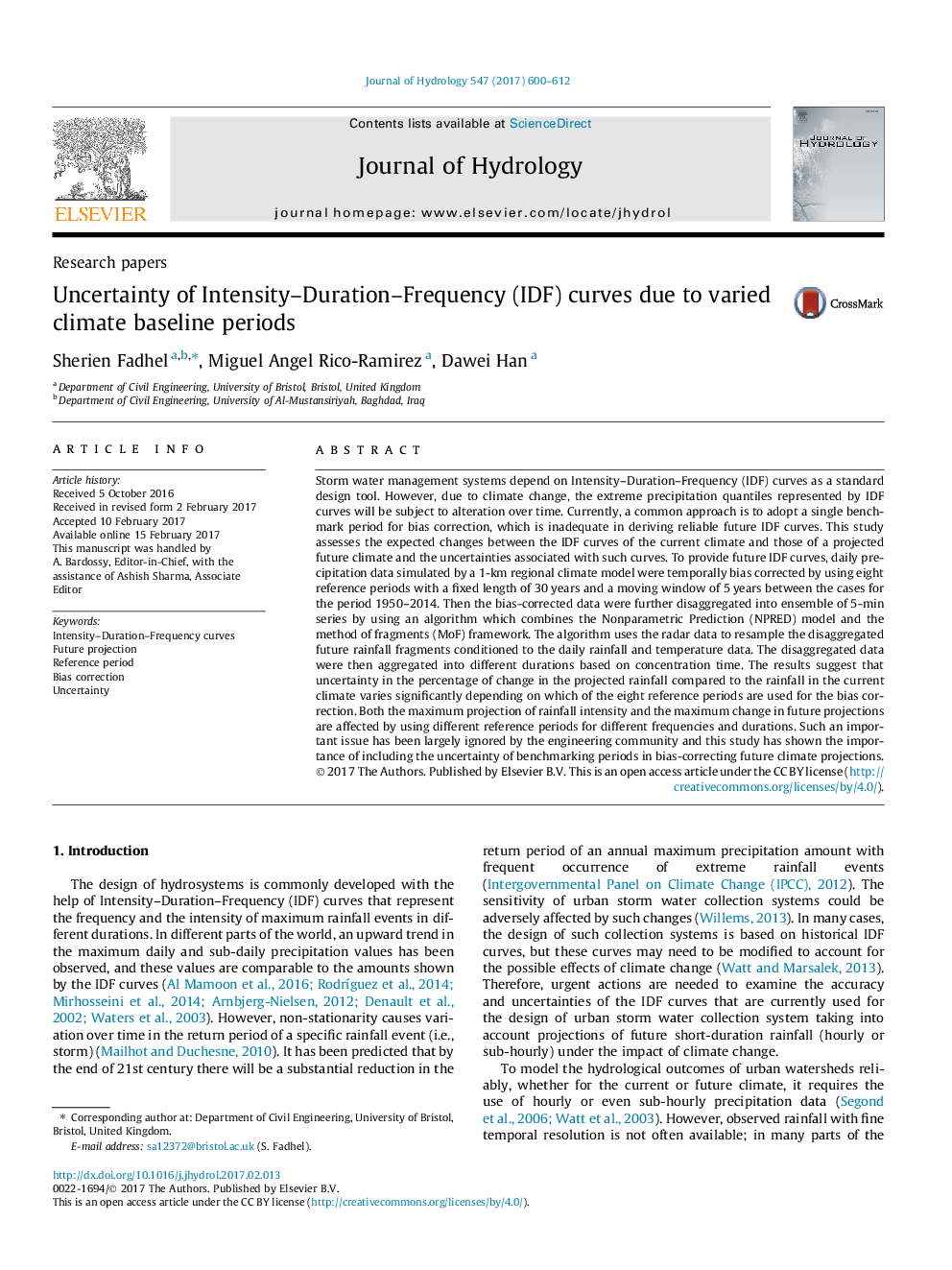 Research papersUncertainty of Intensity-Duration-Frequency (IDF) curves due to varied climate baseline periods