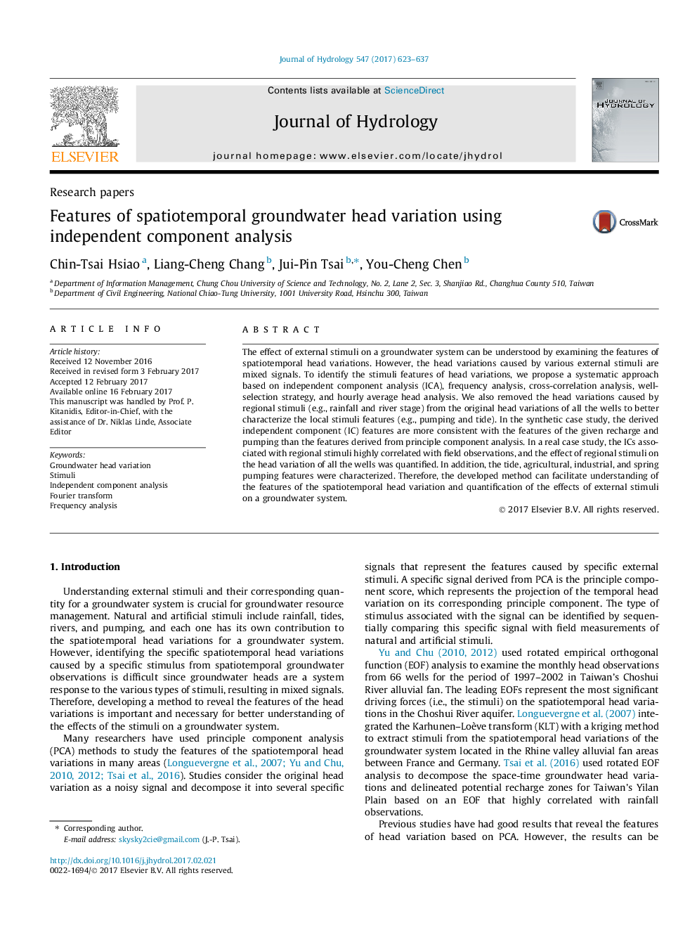 Research papersFeatures of spatiotemporal groundwater head variation using independent component analysis