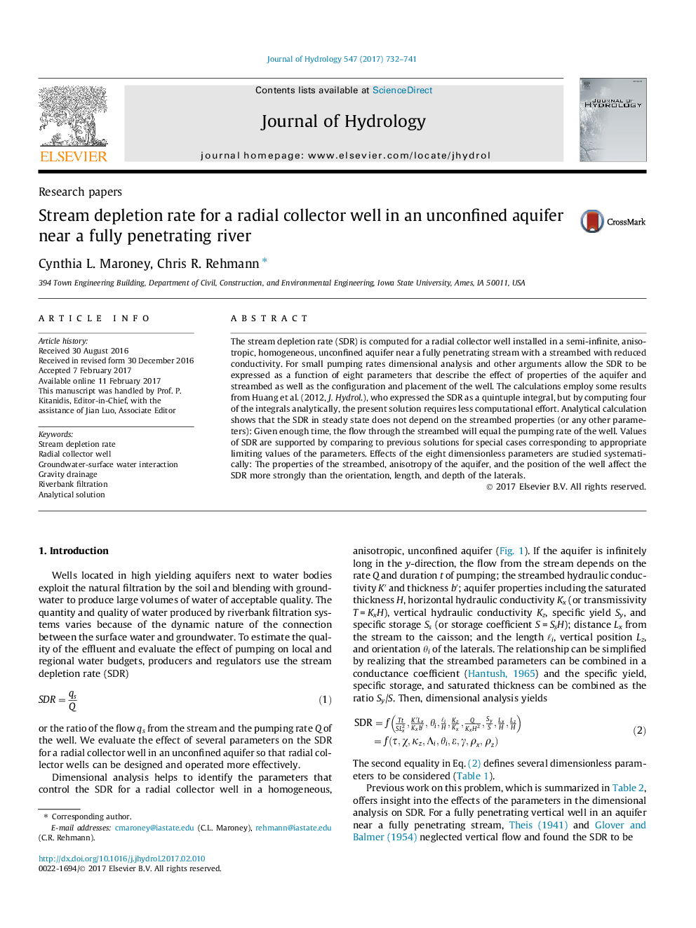 Research papersStream depletion rate for a radial collector well in an unconfined aquifer near a fully penetrating river