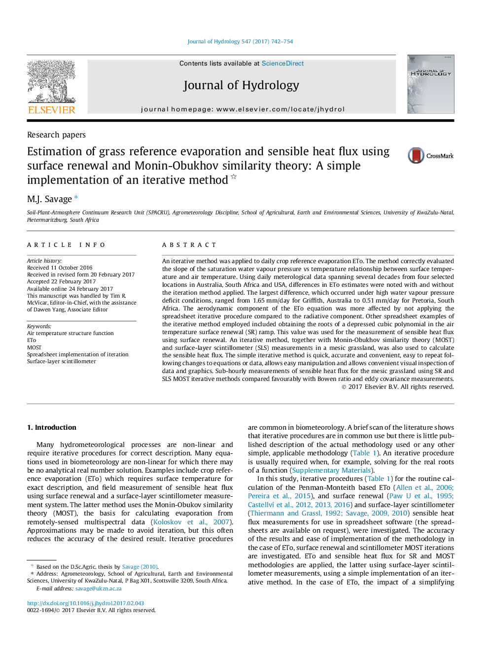 Research papersEstimation of grass reference evaporation and sensible heat flux using surface renewal and Monin-Obukhov similarity theory: A simple implementation of an iterative method