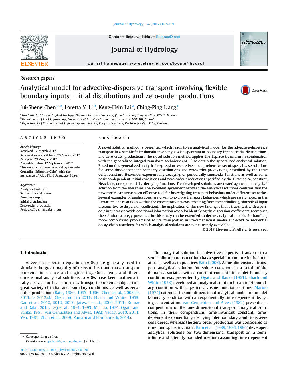 Research papersAnalytical model for advective-dispersive transport involving flexible boundary inputs, initial distributions and zero-order productions