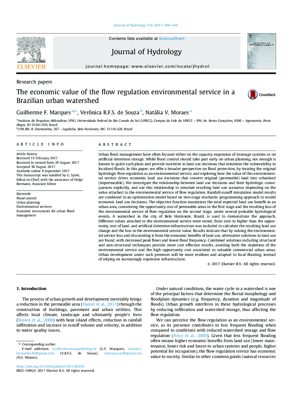 Research papersThe economic value of the flow regulation environmental service in a Brazilian urban watershed