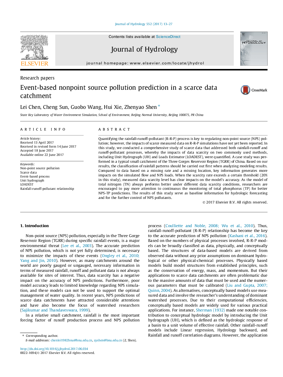 Research papersEvent-based nonpoint source pollution prediction in a scarce data catchment